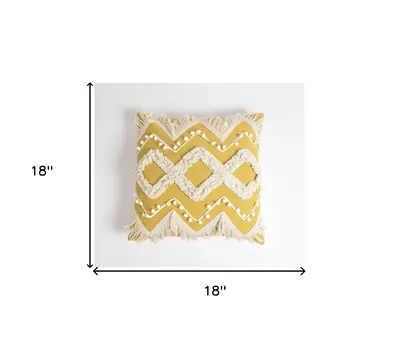 18" Yellow and White Zigzag Cotton Throw Pillow Cover With Embroidery and Fringe