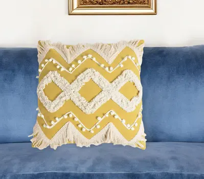18" Yellow and White Zigzag Cotton Throw Pillow Cover With Embroidery and Fringe