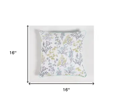 16" Blue and White Botanical Cotton Throw Pillow Cover With Beads