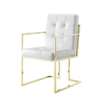 Set of Two Tufted White and Gold Upholstered Faux Leather Dining Arm Chairs