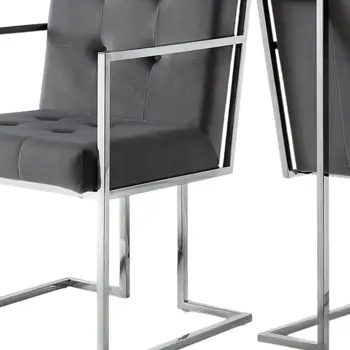 Set of Two Tufted Gray and Silver Metallic Upholstered Velvet Dining Arm Chairs