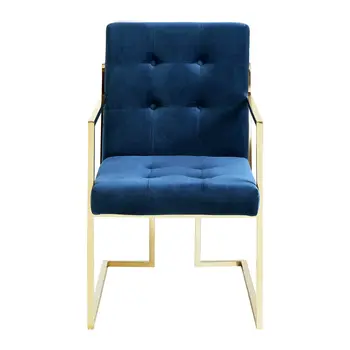 Set of Two Tufted Navy Blue and Gold Upholstered Velvet Dining Arm Chairs