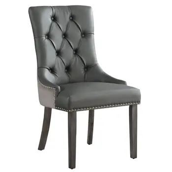 Set of Two Tufted Dark Gray and Black Upholstered Faux Leather Dining Side Chairs