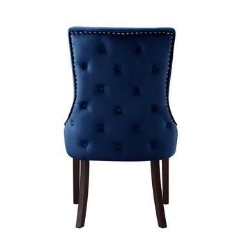 Set of Two Tufted Navy Blue and Espresso Upholstered Velvet Dining Side Chairs