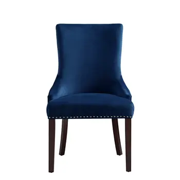 Set of Two Tufted Navy Blue and Espresso Upholstered Velvet Dining Side Chairs