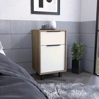 28" White And Natural Wood One Drawer Nightstand