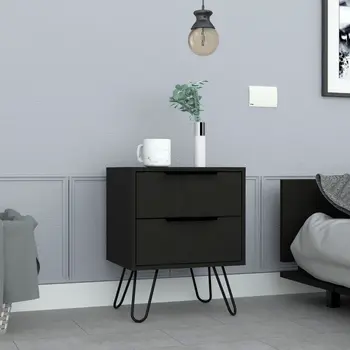 22" Black Wood Two Drawer Nightstand