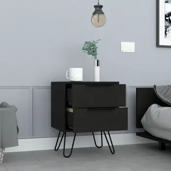 22" Black Wood Two Drawer Nightstand
