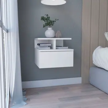 12" White Wood One Drawer Floating Nightstand