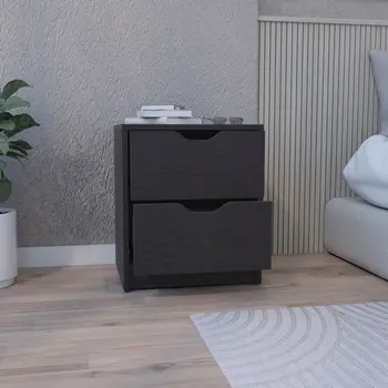 19" Black Wood Two Drawer Nightstand