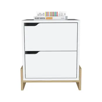 20" White And Natural Wood Two Drawer Nightstand