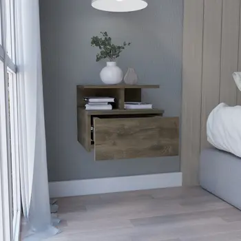 12" Brown Wood One Drawer Floating Nightstand