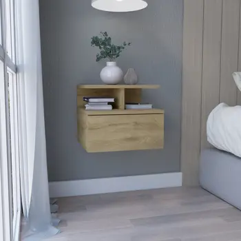 12" Beige Wood One Drawer Floating Nightstand