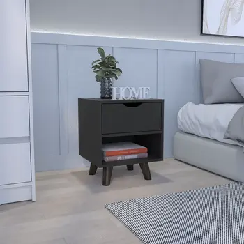 19" Black Wood One Drawer Nightstand