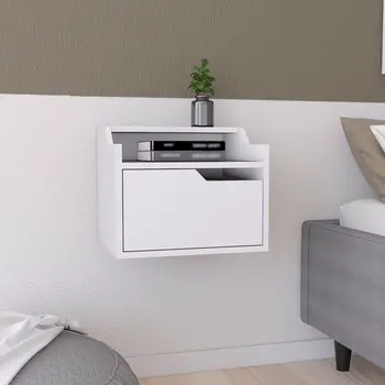 13" White Wood One Drawer Floating Nightstand