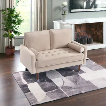 57" Beige And Dark Brown Velvet Loveseat and Toss Pillows