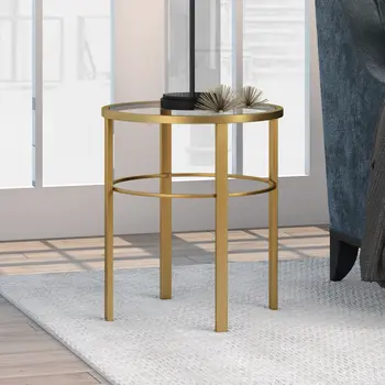 22" Brass And Clear Glass And Steel Round End Table