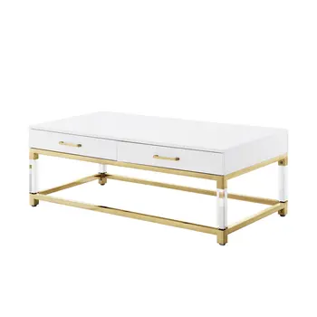 47" White Gold And Clear Wood Acrylic And Steel Coffee Table
