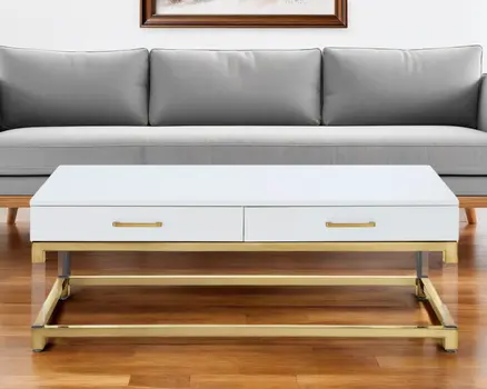 47" White Gold And Clear Wood Acrylic And Steel Coffee Table