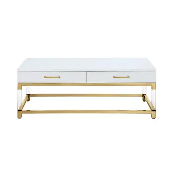 47" White Gold And Clear Wood Acrylic And Steel Coffee Table