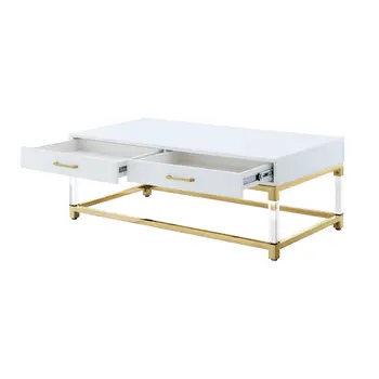 47" White Gold And Clear Wood Acrylic And Steel Coffee Table