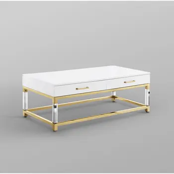 47" White Gold And Clear Wood Acrylic And Steel Coffee Table