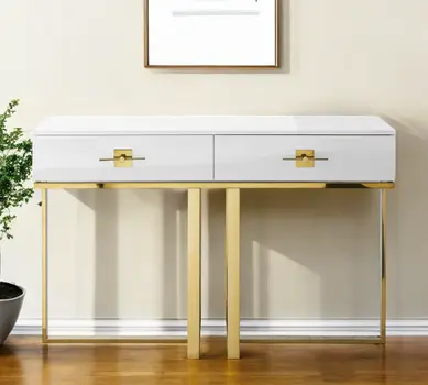 47" White Wood and Gold Stainless Steel Sled Console Table With Two Drawers