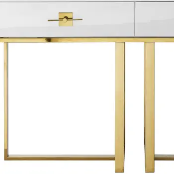 47" White Wood and Gold Stainless Steel Sled Console Table With Two Drawers