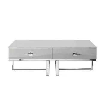 47" Light Gray And Silver Metallic Stainless Steel Coffee Table With Two Drawers