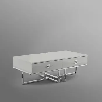 47" Light Gray And Silver Metallic Stainless Steel Coffee Table With Two Drawers