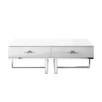 47" White And Silver Metallic Wood And Stainless Steel Coffee Table