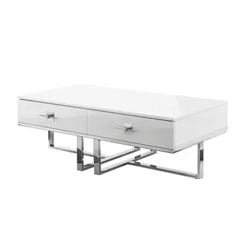 47" White And Silver Metallic Wood And Stainless Steel Coffee Table