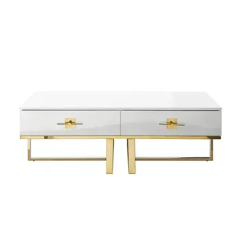 47" White And Gold Stainless Steel Coffee Table With Two Drawers