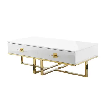 47" White And Gold Stainless Steel Coffee Table With Two Drawers