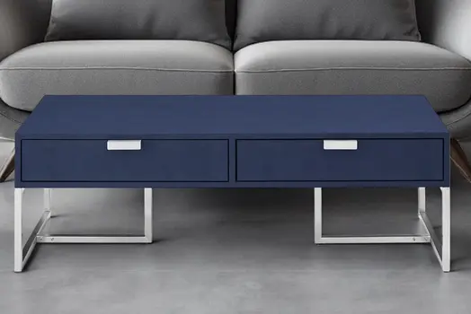 46" Navy Blue And Silver Metallic Stainless Steel Coffee Table With Two Drawers