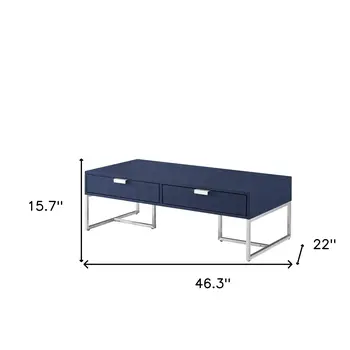 46" Navy Blue And Silver Metallic Stainless Steel Coffee Table With Two Drawers