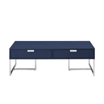 46" Navy Blue And Silver Metallic Stainless Steel Coffee Table With Two Drawers