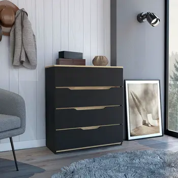 32" Natural And Black Four Drawer Dresser