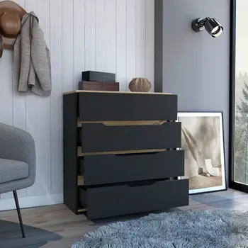 32" Natural And Black Four Drawer Dresser