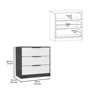28" White and Gray Three Drawer Dresser