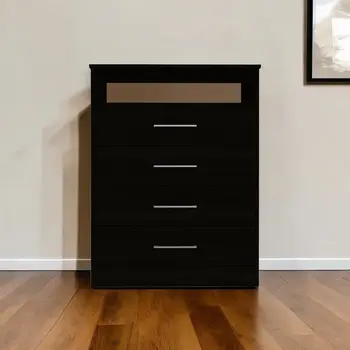 31" Black Four Drawer Dresser With Open Shelf