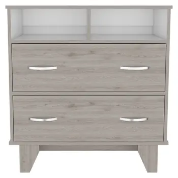 32" Light Gray Two Drawer Dresser With Open Shelving