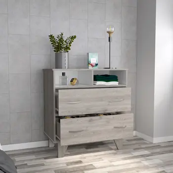 32" Light Gray Two Drawer Dresser With Open Shelving