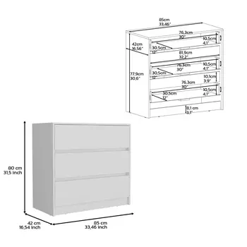 34" White Three Drawer Dresser