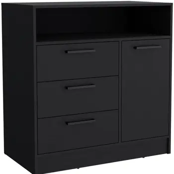 36" Black Three Drawer Combo Dresser With Open Shelf