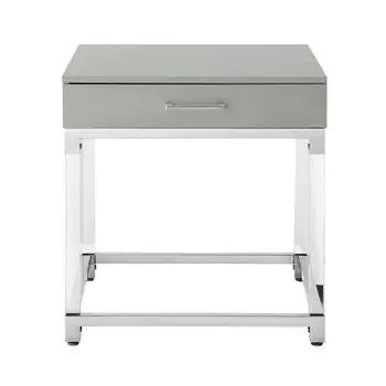 24" Light Gray Clear And Silver Wood Acrylic And Stainless Steel Square Frame End Table With Drawer