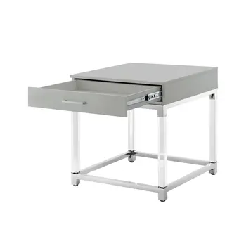 24" Light Gray Clear And Silver Wood Acrylic And Stainless Steel Square Frame End Table With Drawer