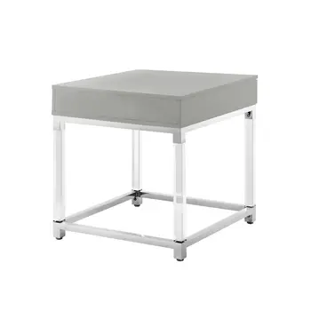 24" Light Gray Clear And Silver Wood Acrylic And Stainless Steel Square Frame End Table With Drawer