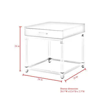 24" Light Gray Clear And Silver Wood Acrylic And Stainless Steel Square Frame End Table With Drawer