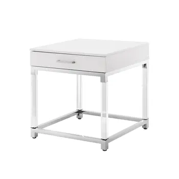 24" Silver Metallic And White Square End Table With Drawer